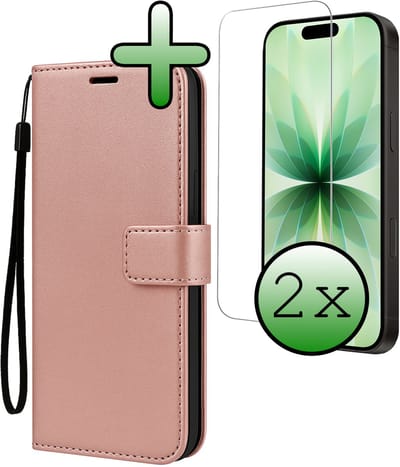 Hoesje Met 2x Screenprotector - Geschikt voor Apple iPhone 17 - Luxe Pasjeshouder - Bookcase Portemonee - Flip Case - Kunstleer Book Case - Flipcase Hoes - Book Cover - Walletcase - Portemonneehoes - Rosé goud