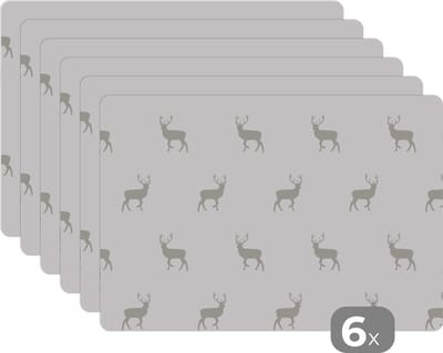 Placemat - Placemats kunststof - Patronen - Hert - Wit - 45x30 cm - 6 stuks - Hittebestendig - Anti-Slip - Onderlegger - Afneembaar