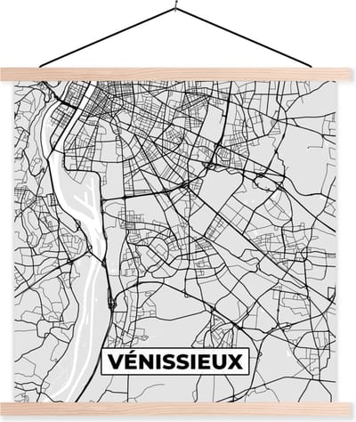 Posterhanger incl. Poster 40x40 cm - Schoolplaat - Vénissieux - Plattegrond - Frankrijk - Kaart - Stadskaart - Textielposter - Blanke latten - Stadskaart