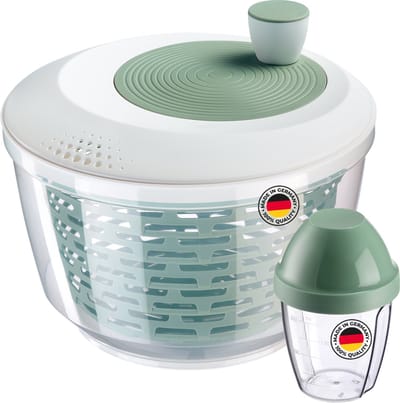 Westmark slacentrifuge "Spinderella" (4,4 l) en meng- en schudbeker "Mix-Ei" (0,25 l) – Compacte centrifuge met ergonomische draaiknop en schenktuit – Shaker met schroefdeksel en mengschijf – Mintgroen