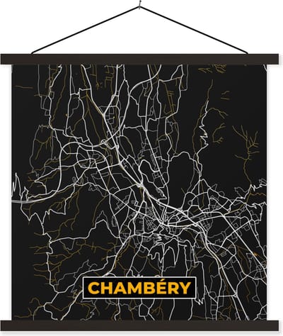 Posterhanger incl. Poster 60x60 cm - Schoolplaat - Frankrijk – Chambéry – Stadskaart – Plattegrond – Kaart - Textielposter - Zwarte latten - Stadskaart