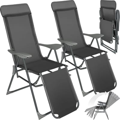 tectake® - Set van 2 klapstoelen - Aluminium tuinstoelen - Inklapbaar met hoofdsteun en voetensteun - Ligstoelen voor in de tuin, terras of balkon - Campingstoel - Antraciet