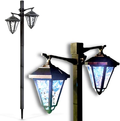 Garden of Eden - Dubbele Landelijke Tuinlantaarn LED Solar op Prikspot - 137cm Hoog - Tuinverlichting / Sfeerverlichting - Zwart - Windlicht Lantaarn op Zonne-Energie - 1 stuk - Hangende Lamp voor Buiten op Standaard