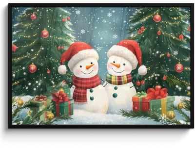Poster in lijst - Fotolijst 120x80 cm - Posters - Sneeuwpop - Kerstsneeuw - Groen - Rood - Posterlijst zwart - Decoratie - Wanddecoratie woonkamer - Muurdecoratie slaapkamer - Kerstversiering - Kerstdecoratie voor binnen - Kerstmis