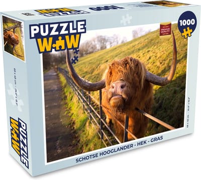 Puzzel Schotse Hooglander - Hek - Gras - Legpuzzel - Puzzel 1000 stukjes volwassenen