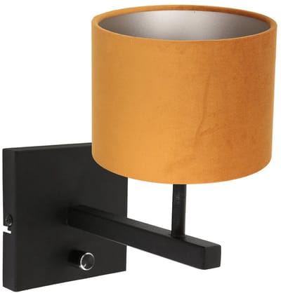 Zwarte Wandlamp Stang 8176ZW met Schakelaar, Gouden Velours Stof Kap, Metaal en Textiel, Steinhauer - Modern Design voor Binnengebruik