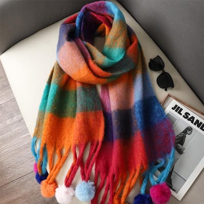 Écharpe à carreaux de luxe Hiver Chaud Cachemire Femmes Pompon Pashmina Foulard Écharpes Féminines Dames Châle à franges Enveloppes Design 40x215cm black