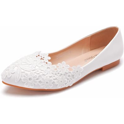 Grote maat Platte Kant Bruidsschoenen Wit Puntige Neus Casual Platte Hakken Grote maat Platte Kant Bruidsschoenen Wit Puntige Neus Casual Platte Hakken 35 white