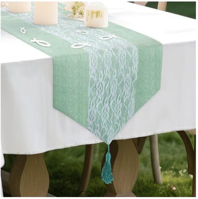 Dailygoods - Kleurrijk Ramie Katoenen Tafelkleed met Kant & Franjes (32 x 180 cm, Groen) - Elegante herbruikbare tafeldecoratie voor bruiloften, verjaardagen en evenementen met vissymbool
