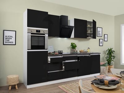 Goedkope keuken 280  cm - complete keuken met apparatuur Lorena  - Wit/Zwart - soft close - keramische kookplaat - vaatwasser - afzuigkap - oven    - spoelbak