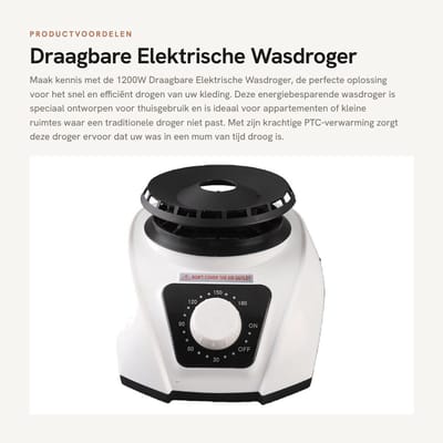 Dailygoods - Draagbare Elektrische Wasdroger - Energiebesparend - Compact formaat - Thuisgebruik - Krachtige 1200W - Ideaal voor kleine ruimtes