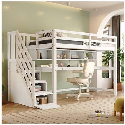 Merax Hoogslaper 90 x 200 cm met bureau, lades en opbergplanken - Dennenhout - Wit
