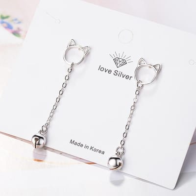 925 Sterling Zilver Kat Bel Lange Kwast Oorbellen Schattige Dieren Sieraden Voor Vrouwen Hangende Druppel Oorbellen S-E675 gray