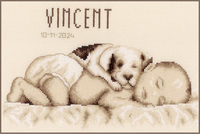 Vervaco - Telpakket kit - Geboorte - Sepia - Baby met hond - PN-0199545 - Borduren - Borduurpakket - Borduurpakket geboorte - Borduurpakket volwassenen