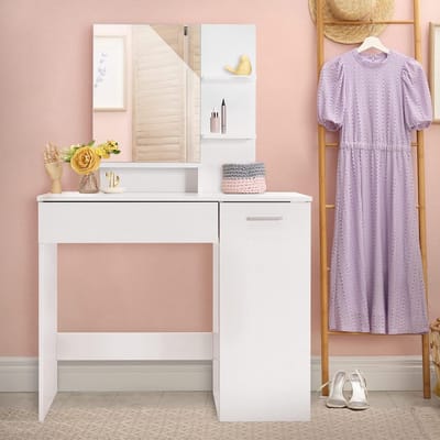 Moderne Kaptafel met Spiegel en Lade 90 cm Wit - Make-up Tafel met Veel Opbergruimte