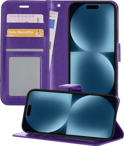 Hoesje - Geschikt voor Apple iPhone 15 - Luxe Bookcase - Walletcase Hoes - Portemonnee - Cover - Telefoonhoes - Paars
