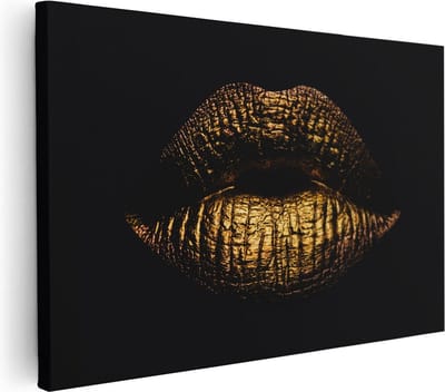 Artaza Canvas Schilderij Lippen Goud - 30x20 cm - Klein - Muurdecoratie Sensueel - Wanddecoratie Vrouw - Kamer Accessoires