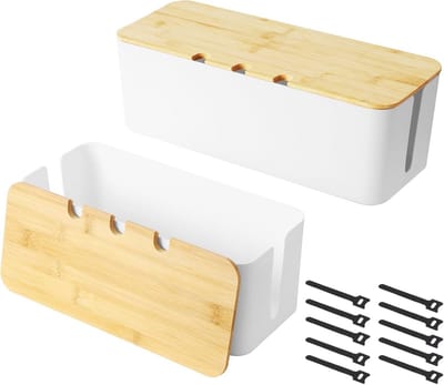 Kabelmanagementbox met houten deksel - 2 stuks - Wit - Organisatie voor kabels en opladers