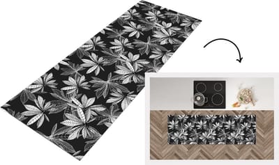Keukenloper - Loper keuken - Zwart - Wit - Patronen - Bladeren - Natuur - 150x50 cm - Keukenloper vinyl