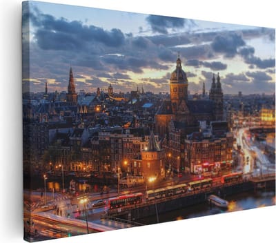 Artaza Canvas Schilderij Skyline Amsterdam - 30x20 cm - Klein - Wanddecoratie Grachten - Muurdecoratie Woonkamer - Kamer Accessoires