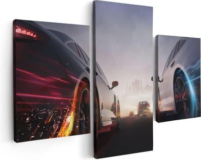 Artaza Canvas Schilderij Drieluik Twee Raceauto's - Blauw Tegen Rood - 90x60 - Foto Op Canvas - Canvas Print