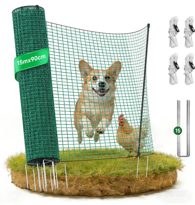 Omheiningsnet voor Hond, Kat, Kip of Kleine Dieren – 90 cm Hoog – 25 m – Verplaatsbaar Tuinhek met Palen, U-Haringen & Spanlijnen – Complete Set – Direct Gebruiksklaar