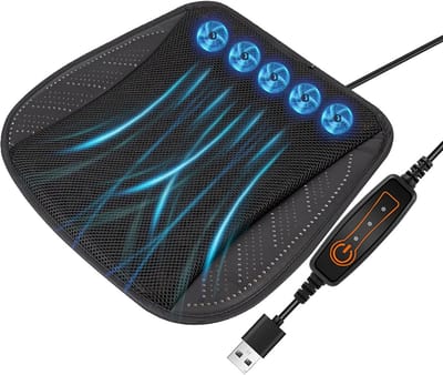 VHV - Autostoelkussen - Ventilerend autostoelkussen - Koelend stoelkussen - USB aansluiting - 3 standen - Ademend - Met 5 ventilatoren - Voor de auto, kantoor en thuis - Universeel - 43CM - Zwart