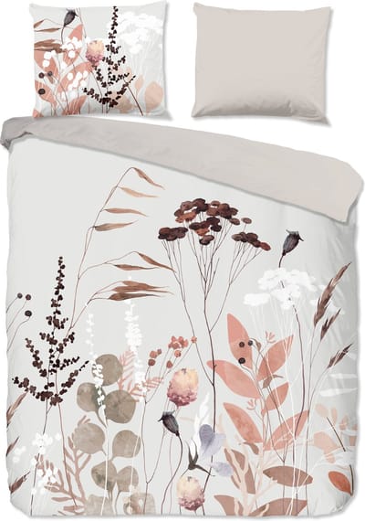 Good Morning dekbedovertrek bloemen en bladeren - 2 persoons 200x200/220 cm - Grijs - 100% Katoen renforc�