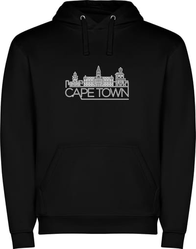 Zwarte unisex hoodie met “ Sky Line Cape Town - Kaapstad – Vakantiegevoel – Strak – Modern “ Print Full Color Color merk Roly maat S