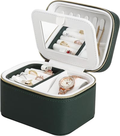 Sieradenkistje Vrouwen - Reis Etui - Sieraden Opbergen - Spiegel En Vakverdeling - 13x10x9 cm - Donkergroen