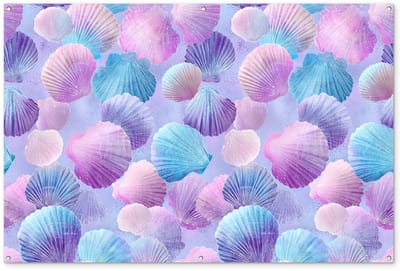 Tuinposter 180x120 cm - Tuindecoratie Schelpen - Paars - Blauw - Patroon - Poster voor in de tuin - Buiten decoratie - Schutting tuinschilderij - Tuindoek muurdecoratie - Wanddecoratie balkondoek