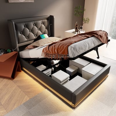 DESMIU Gestoffeerd Bed 90x200 cm – USB En Type C Oplaadfunctie – Hydraulische Opbergruimte – Zonder Matras – Jeugdkamer – PU – Zwart