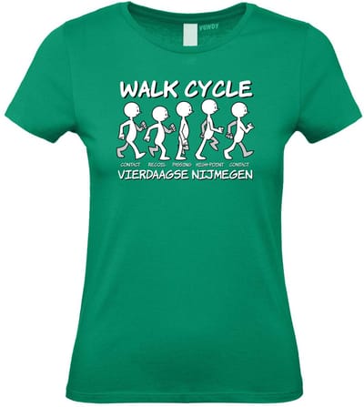 Dames t-shirt Walk Cycle | Vierdaagse shirt | Wandelvierdaagse Nijmegen | Roze woensdag | Groen | maat XS