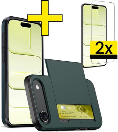 Hoesje Geschikt voor iPhone Air Hoesje Case Pashouder Hard Cover Met 2x Screenprotector - Hoes Geschikt voor iPhone Air Hoesje Met Kaarthouder - Donkerblauw