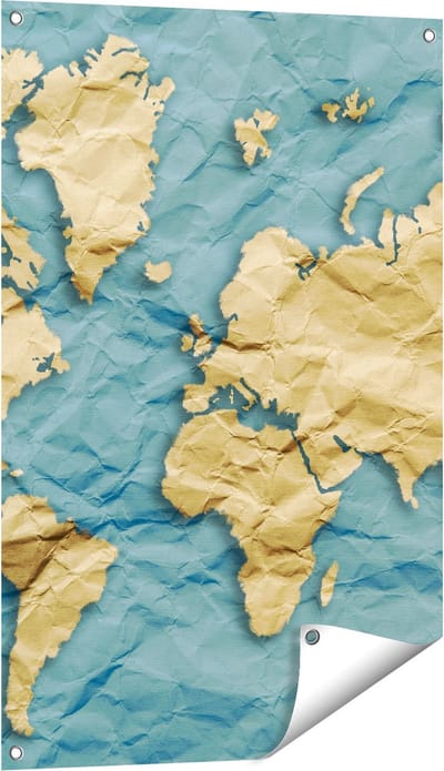 Gards Tuinposter Wereldkaart op Gekreukeld Papier - 60x90 cm - Tuindoek - Tuindecoratie - Wanddecoratie buiten - Tuinschilderij