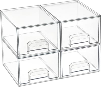 Famanu – 4 stuks stapelbare opbergladen van acryl, lade-organizer met 32 antislipmatten voor dressoir en badkamer