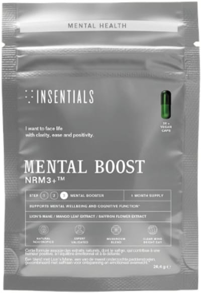 Insentials Mental Boost (NRM3+) - Natuurlijke Nootropics - Positieve ingesteldheid - Overprikkeling - Ondersteuning brein - Bevordert relaxatie - Lion’s Mane, mangiferine & safranal - 30 capsules