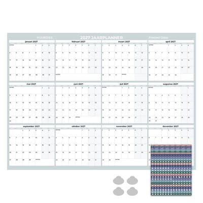 Huurdies Jaarplanner 2027 – Maandagstart – Inclusief Planningsstickers & Ophangstickers – 115 g/m² Blueback – Weekenden Gekleurd – Frosted Glass