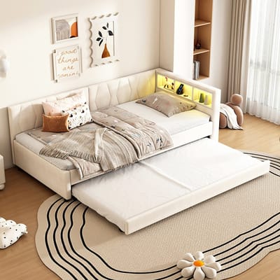 Komhtom Rustbed, 90*200 cm, dagbed, slaapbank, opbergvak naast het bed, USB+type C, afstandsbediening voor sfeerverlichting LED, bed met uitschuifbed, bed met lattenbodem (zonder matras), beddengoed, beige