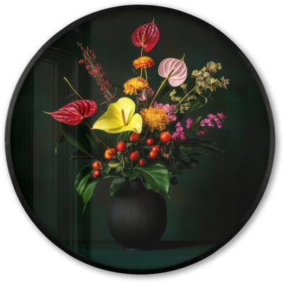 Poster in lijst Rond - Fotolijst 60x60 cm - Posters - Bloemen - Vaas - Zwart - Ronde posterlijst zwart - Decoratie - Wanddecoratie woonkamer - Muurdecoratie slaapkamer