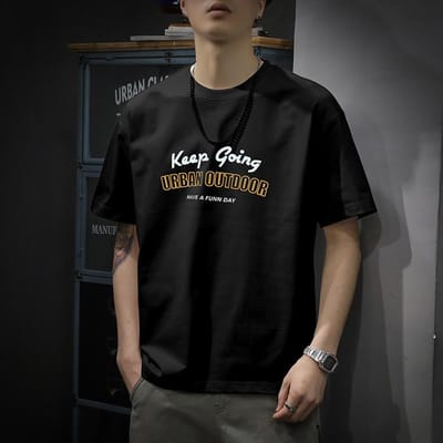 T-shirt en coton peigné double fil pour homme, haut épais, tendance, ample, col rond, tendance, été 3XL black