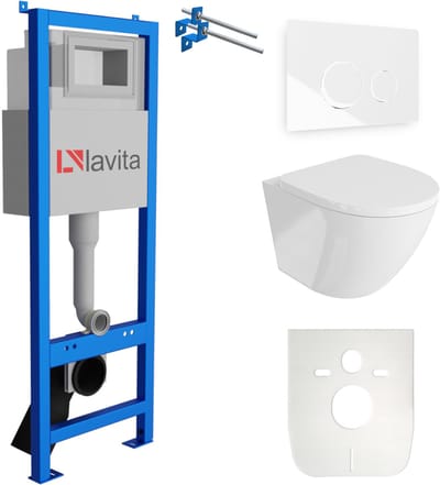 LAVITA® Inbouwreservoir Complete Toiletset LAV 101 - Inbouw WC Hangtoilet Wandcloset SOFI Wit Hoogglans - Bedieningsplaat 200.4.1 Wit - Voorwandelement voor toilet 40cm - Installatiesysteem