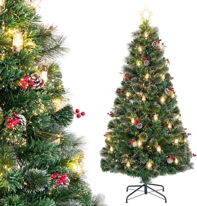 COSTWAY Kunstkerstboom met verlichting, dennenboom met warmwitte leds, glasvezel en stervormige punt, 8 modi, kerstboom met dennenappels, petroleumlampen en rode bessen, groen + wit (180 cm)