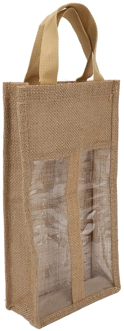 Dailygoods- Wijntas Draagbaar - Jute/Wijnfleshoezen - Herbruikbaar - Geschenktas - Transparant Venster - Milieuvriendelijk