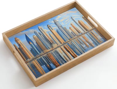 Dienblad hout 50x35 cm - Schootdienblad - Skyline - Wolkenkrabbers - Water - Blauw - Borrelplank rechthoek - Plateau dienbladen