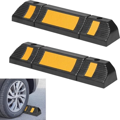 Wielstopper voor Parkeren met Reflecterende Strepen - Rubber Garagestopper, 60 x 12 x 10 cm - Ideaal voor Strakke Ruimtes