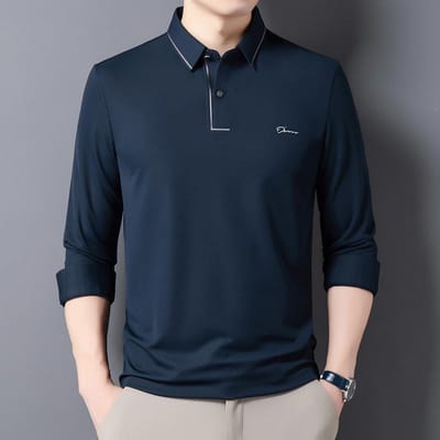 Herfst Nieuwe Heren Lange Mouw Revers Casual Mode Jeugd Middelbare Leeftijd T-shirt Onderhemd Heren Top 4XL black
