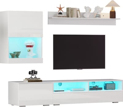 175x39x34 cm tv-woonkamercombinatieset - 3-delig - inclusief tv-meubel - staande boekenkast en wandrek - met led-verlichting - wit