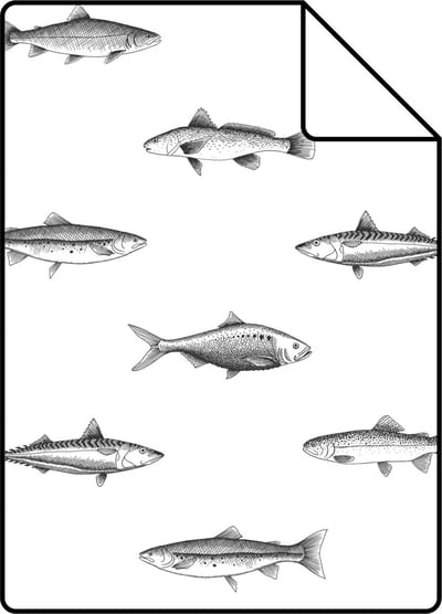 Proefstaal ESTAhome behang pentekening vissen wit en zwart - 26.5 x 21 cm - 138967-S