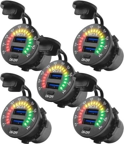 ProRide 12V USB Wandcontactdoos Inbouw - 2 USB Poorten - Schakelaar - Voltmeter - QC3.0 - - Voor Auto Boot en Camper - 5 stuks